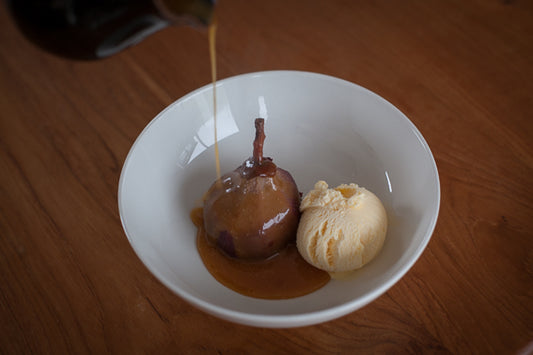Red Wine and Pink Peppercorn poached Pears with Miso Honey Caramel